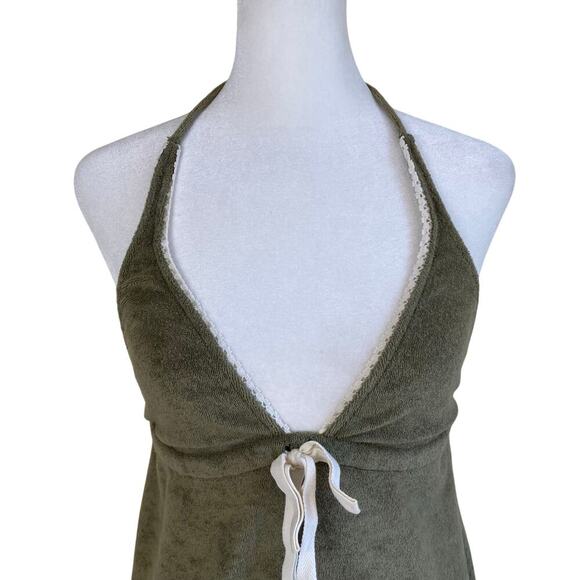 Lucky Brand Vtg Y2K Terry Cloth Swim Cover-up Dress Olive Green Halter Neck - Picture 2 of 16